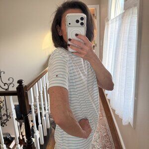 Tommy Hilfiger Blue White Striped Tee Shirt with embroidered Logos